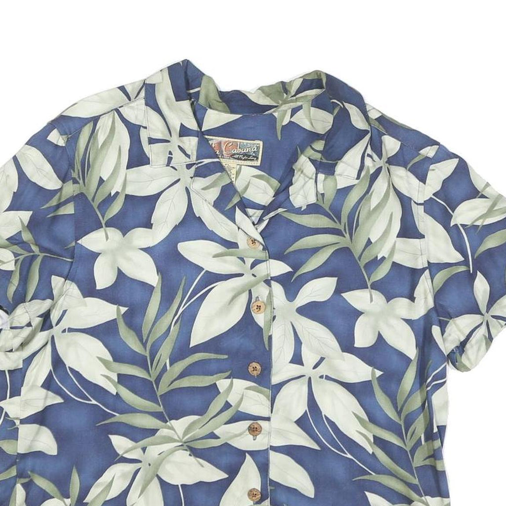 LA CABANA Womens Blue Green & White Printed Shirt Short Sleeve Collared L Rayon