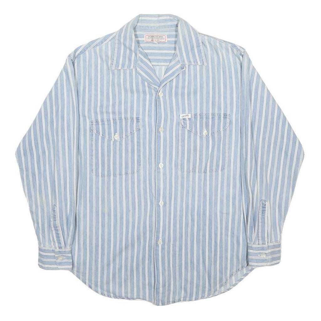 GUESS JEANS Mens Blue & White Striped Shirt S Cotton Casual Long Sleeve