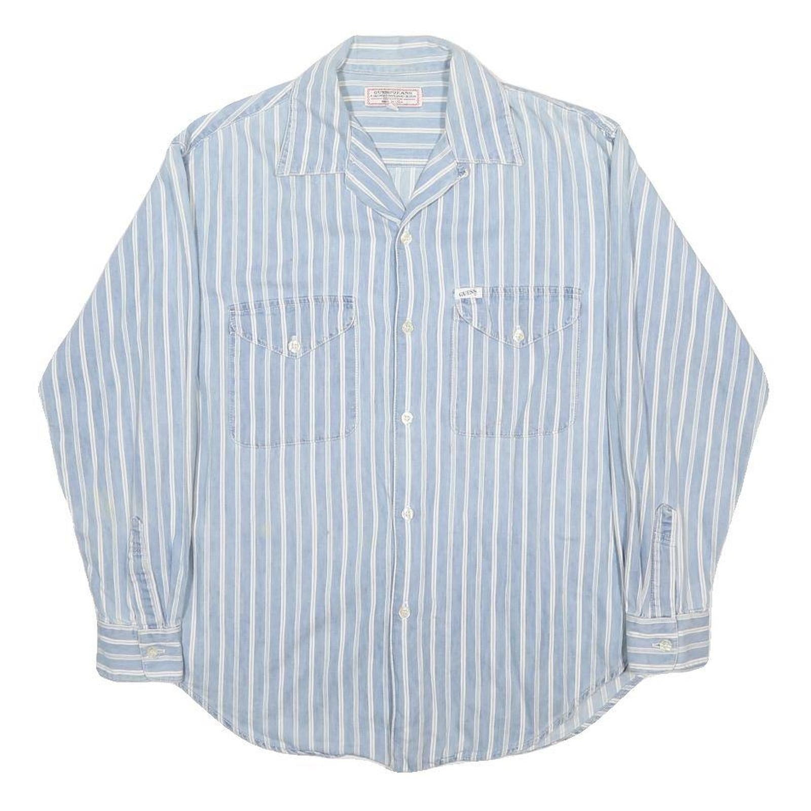 GUESS JEANS Mens Blue & White Striped Shirt S Cotton Casual Long Sleeve