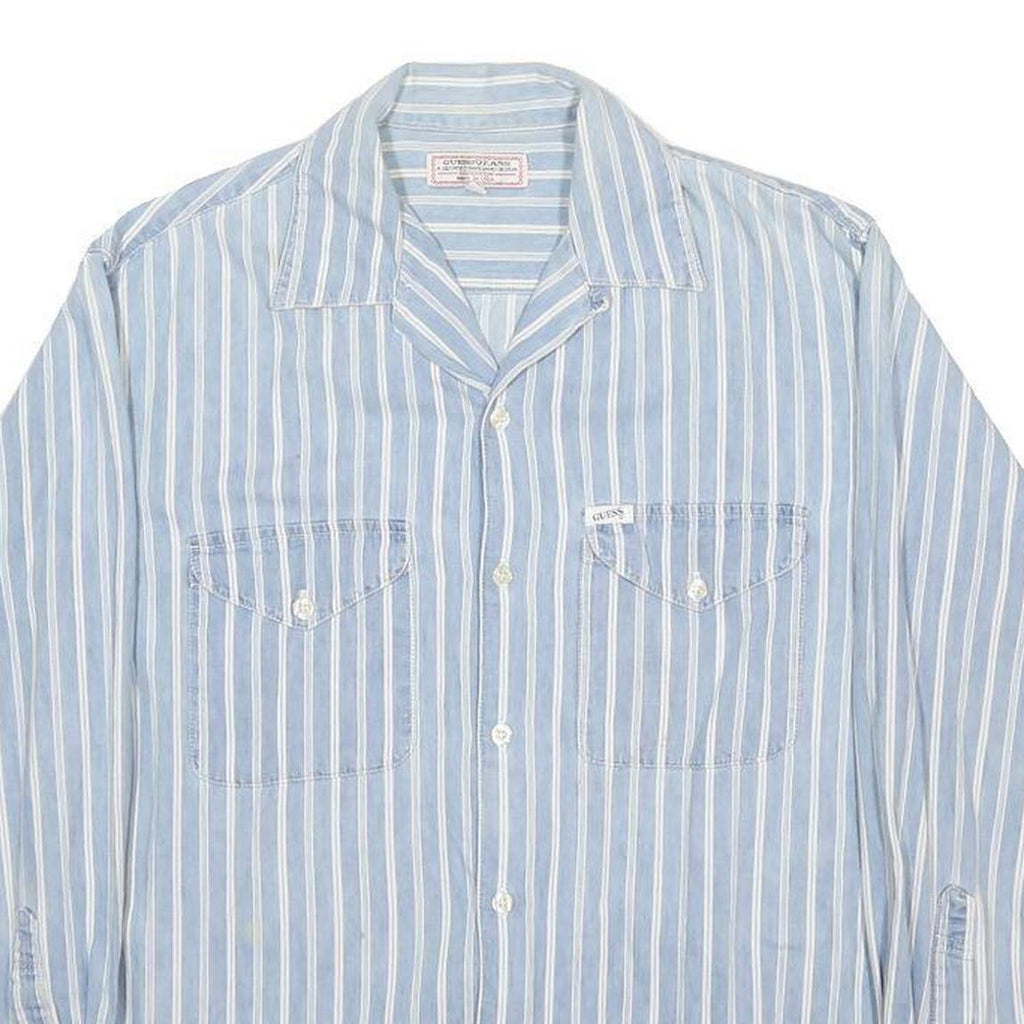 GUESS JEANS Mens Blue & White Striped Shirt S Cotton Casual Long Sleeve