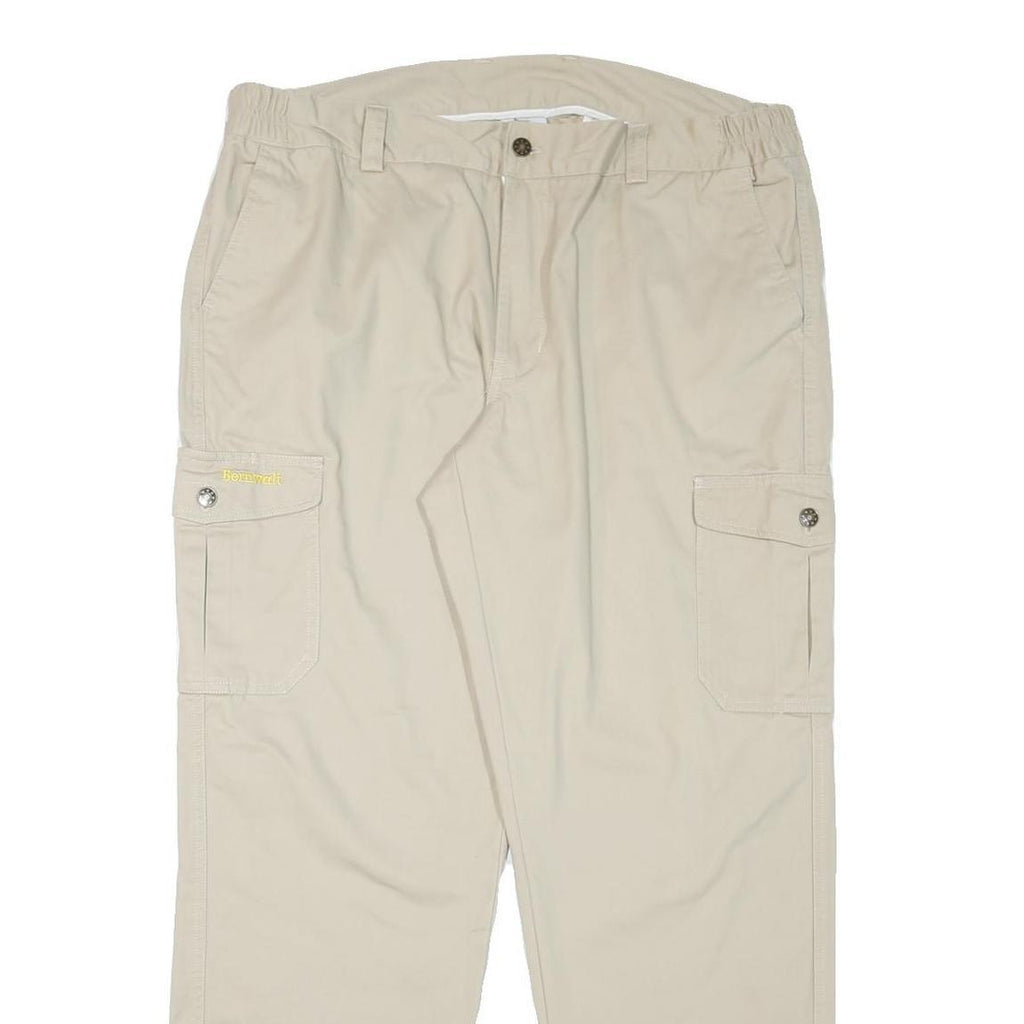 BERNWALT Mens Beige Cotton Blend Regular Cargo Trousers W40 L32 Elastic Waist