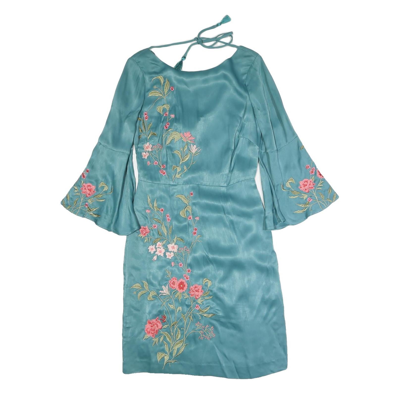 MONSOON Womens Blue Embroidered Day Dress Polyester Blend Bell Sleeve UK 8