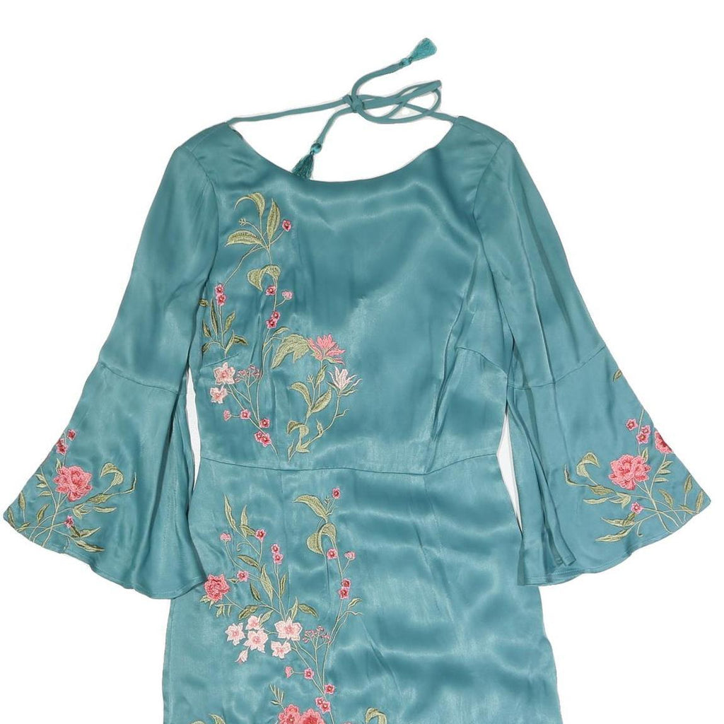 MONSOON Womens Blue Embroidered Day Dress Polyester Blend Bell Sleeve UK 8