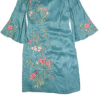 MONSOON Womens Blue Embroidered Day Dress Polyester Blend Bell Sleeve UK 8