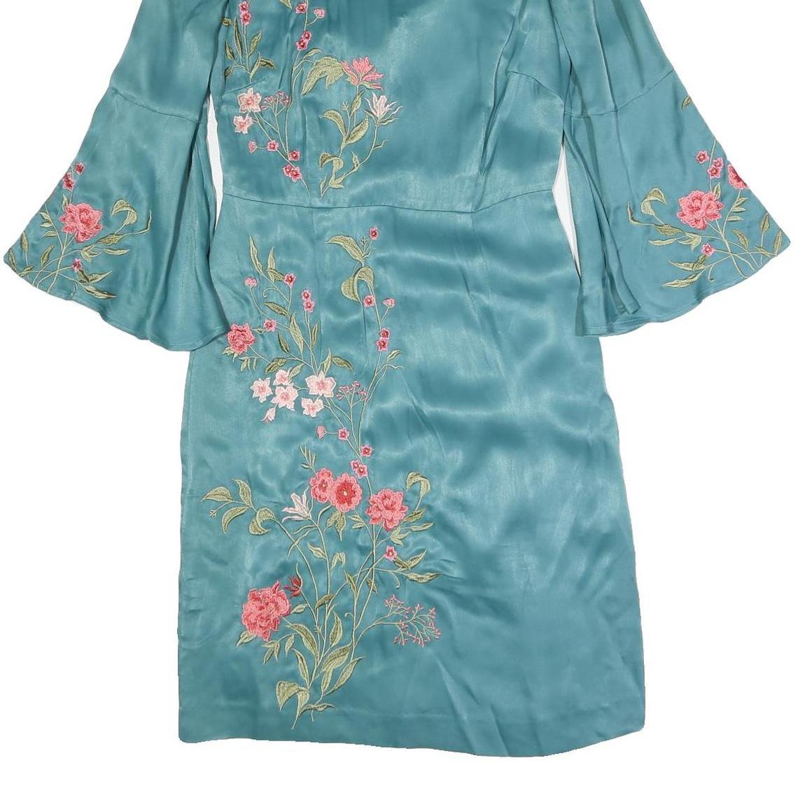 MONSOON Womens Blue Embroidered Day Dress Polyester Blend Bell Sleeve UK 8