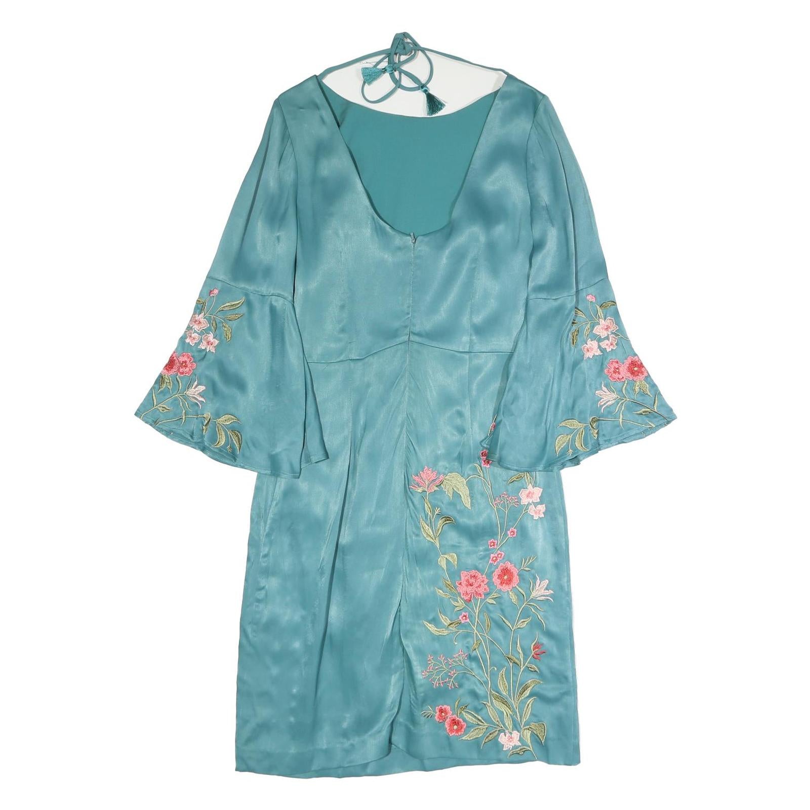 MONSOON Womens Blue Embroidered Day Dress Polyester Blend Bell Sleeve UK 8