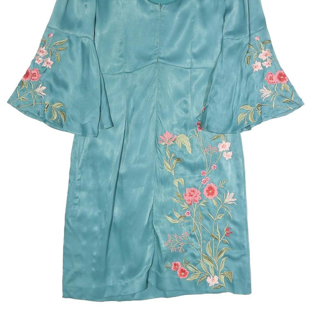 MONSOON Womens Blue Embroidered Day Dress Polyester Blend Bell Sleeve UK 8