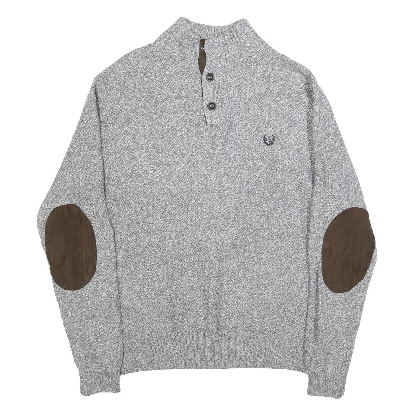 CHAPS Mens Grey Pullover Plain Cotton Crew Neck Basic Knit L Button Neck Jumper