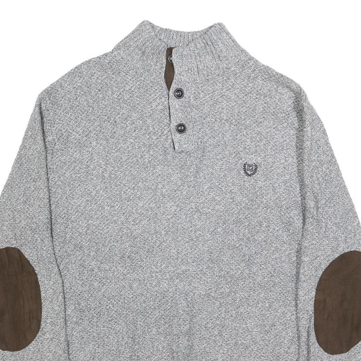 CHAPS Mens Grey Pullover Plain Cotton Crew Neck Basic Knit L Button Neck Jumper