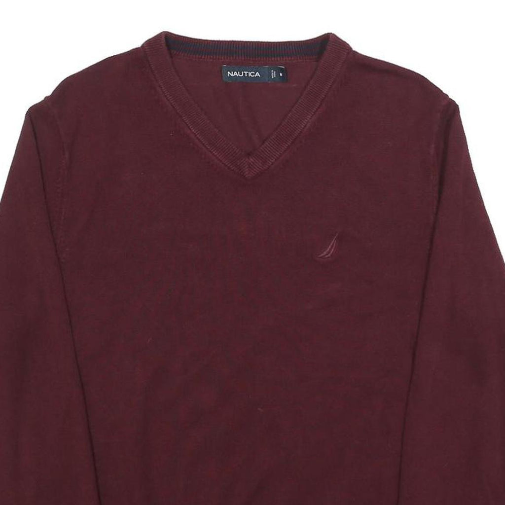 NAUTICA Mens Maroon Plain Pullover V-Neck Basic Knit M Cotton Blend Jumper