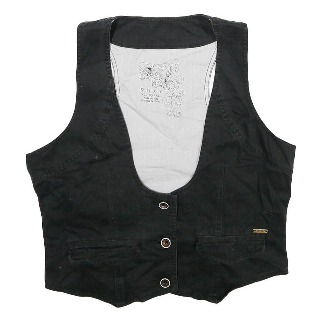 ROXY Womens Black Button Cotton Waistcoat XL Plain Casual Stylish Vest