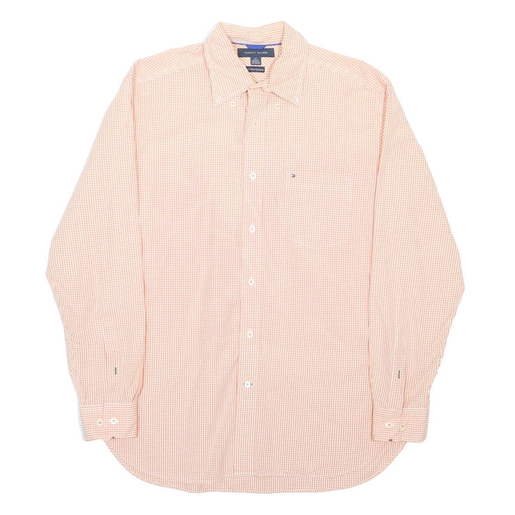 TOMMY HILFIGER Mens Orange & White Checked Cotton Shirt M Button Collar Long