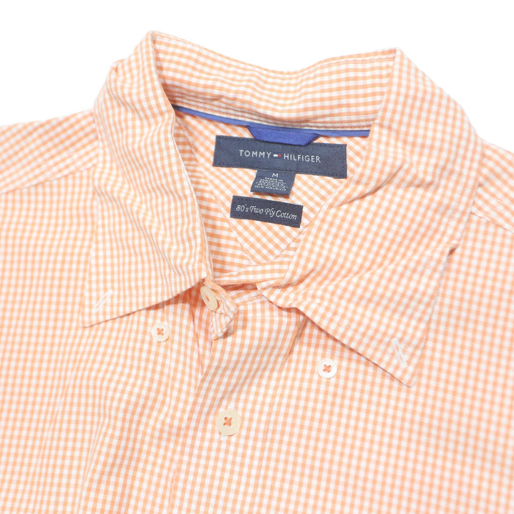 TOMMY HILFIGER Mens Orange & White Checked Cotton Shirt M Button Collar Long