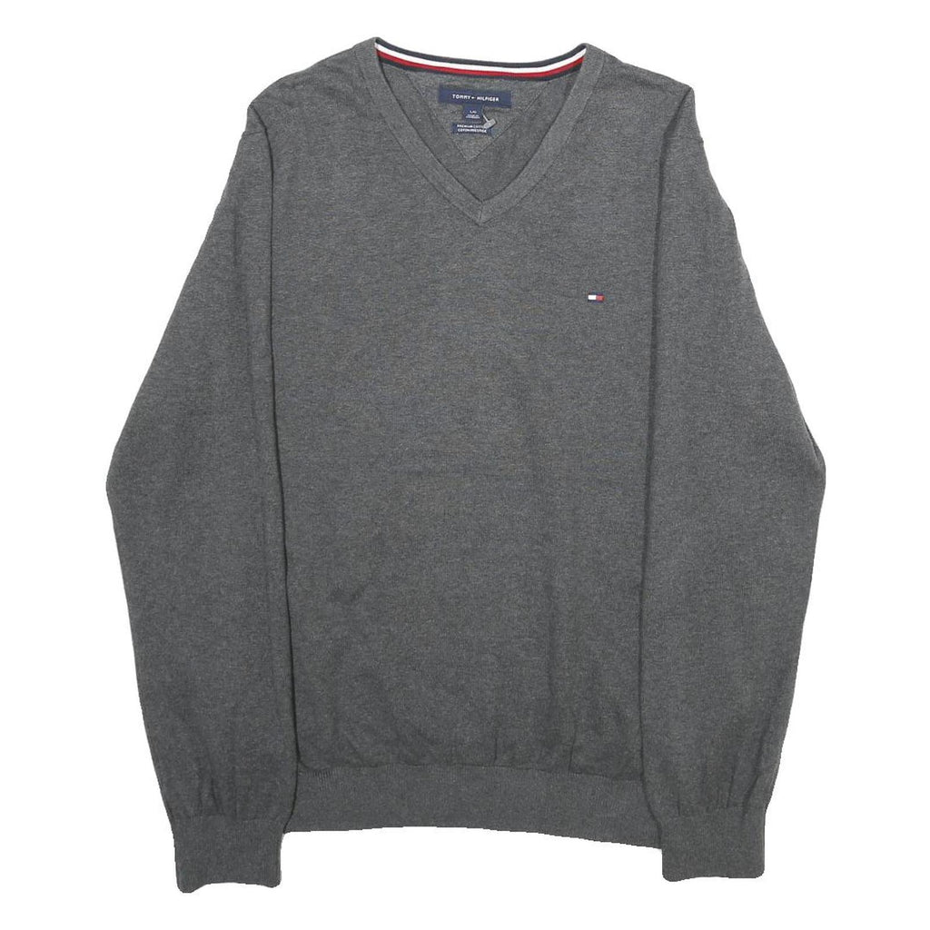 TOMMY HILFIGER Mens Grey Plain V-Neck Basic Knit Jumper L Cotton Classic Casual