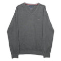 TOMMY HILFIGER Mens Grey Plain V-Neck Basic Knit Jumper L Cotton Classic Casual