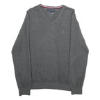 TOMMY HILFIGER Mens Grey Plain V-Neck Basic Knit Jumper L Cotton Classic Casual