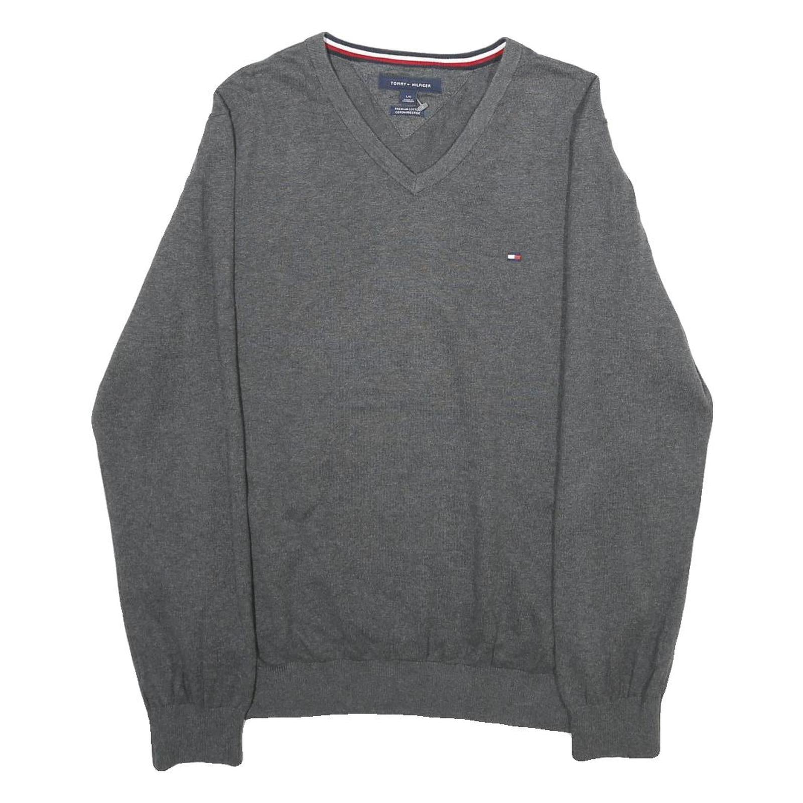 TOMMY HILFIGER Mens Grey Plain V-Neck Basic Knit Jumper L Cotton Classic Casual