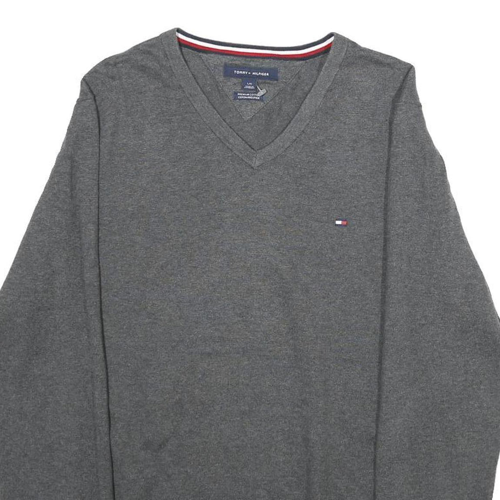TOMMY HILFIGER Mens Grey Plain V-Neck Basic Knit Jumper L Cotton Classic Casual