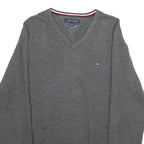 TOMMY HILFIGER Mens Grey Plain V-Neck Basic Knit Jumper L Cotton Classic Casual