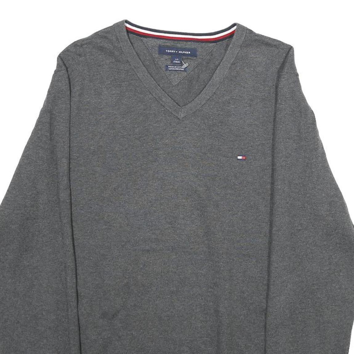 TOMMY HILFIGER Mens Grey Plain V-Neck Basic Knit Jumper L Cotton Classic Casual