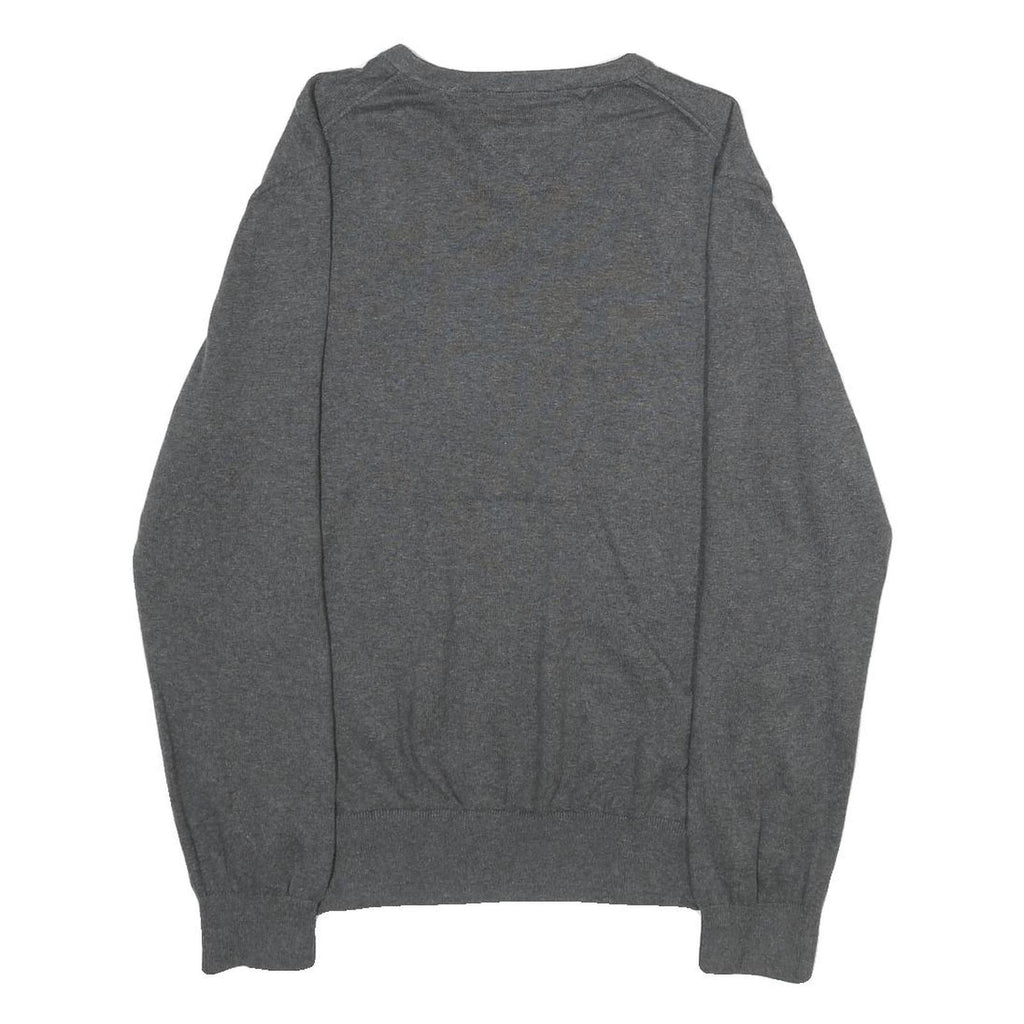 TOMMY HILFIGER Mens Grey Plain V-Neck Basic Knit Jumper L Cotton Classic Casual
