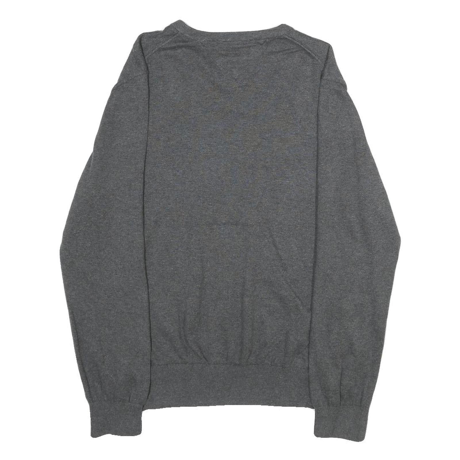 TOMMY HILFIGER Mens Grey Plain V-Neck Basic Knit Jumper L Cotton Classic Casual