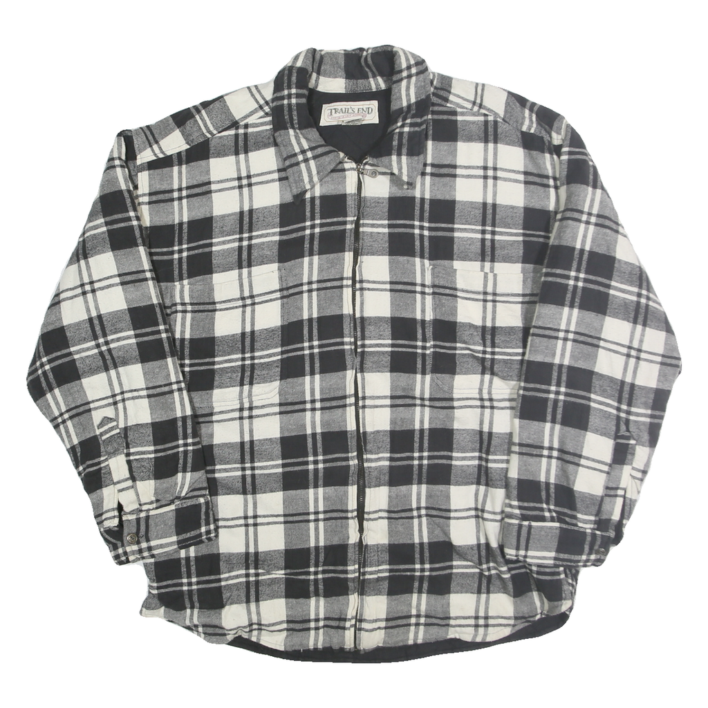 TRAIL'S END Mens Black & White Plaid Zip Jacket L Polyester Casual Checked