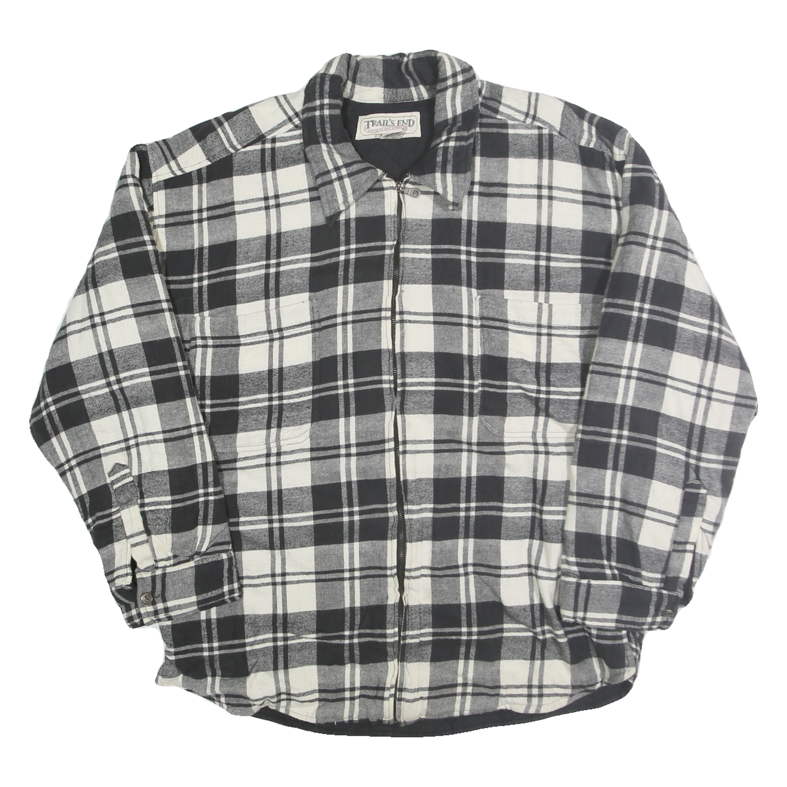 TRAIL'S END Mens Black & White Plaid Zip Jacket L Polyester Casual Checked