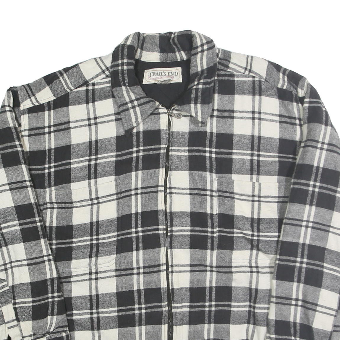 TRAIL'S END Mens Black & White Plaid Zip Jacket L Polyester Casual Checked