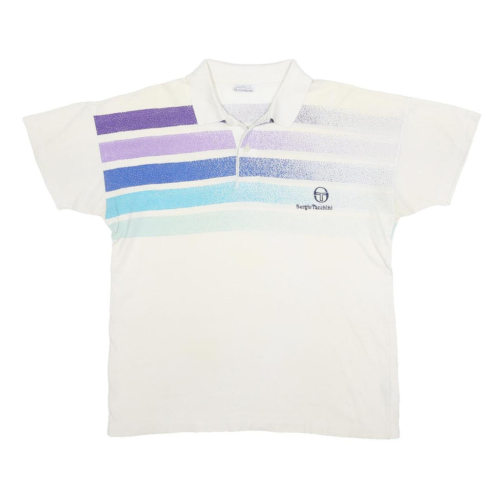 SERGIO TACCHINI Mens White & Multi Colour Striped Polo Shirt L Cotton Sportswear