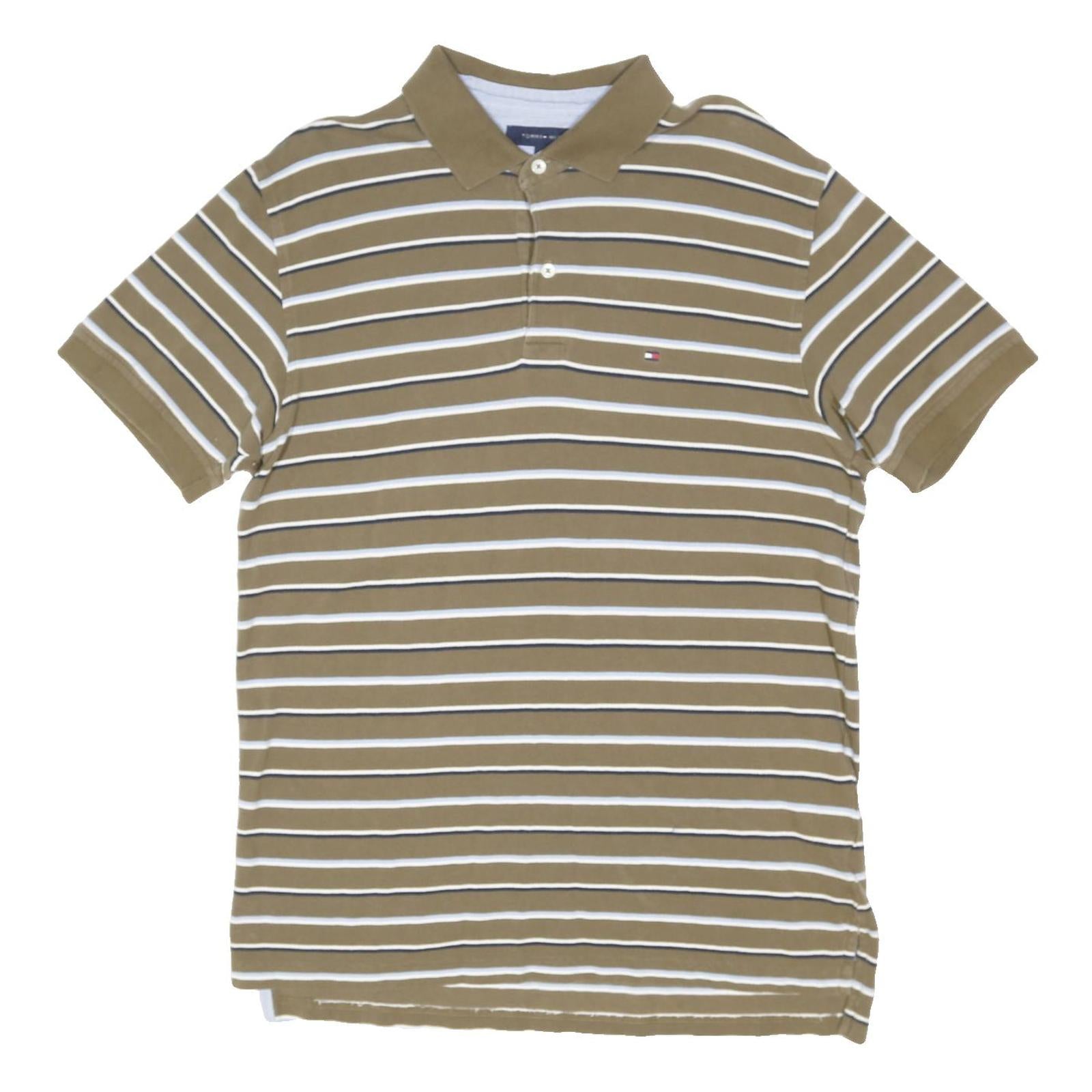 TOMMY HILFIGER Mens Beige Striped Short Sleeve Polo Shirt L Casual Cotton Blend