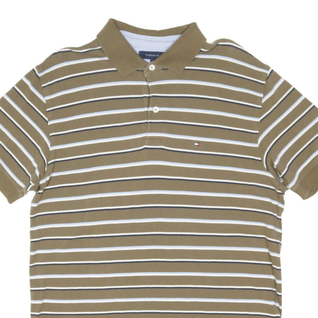 TOMMY HILFIGER Mens Beige Striped Short Sleeve Polo Shirt L Casual Cotton Blend