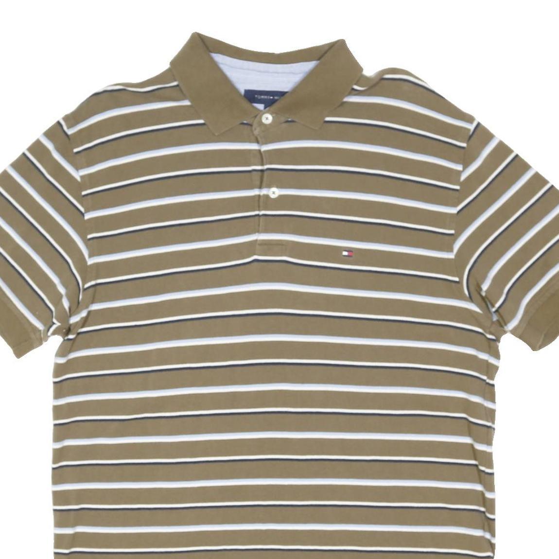 TOMMY HILFIGER Mens Beige Striped Short Sleeve Polo Shirt L Casual Cotton Blend