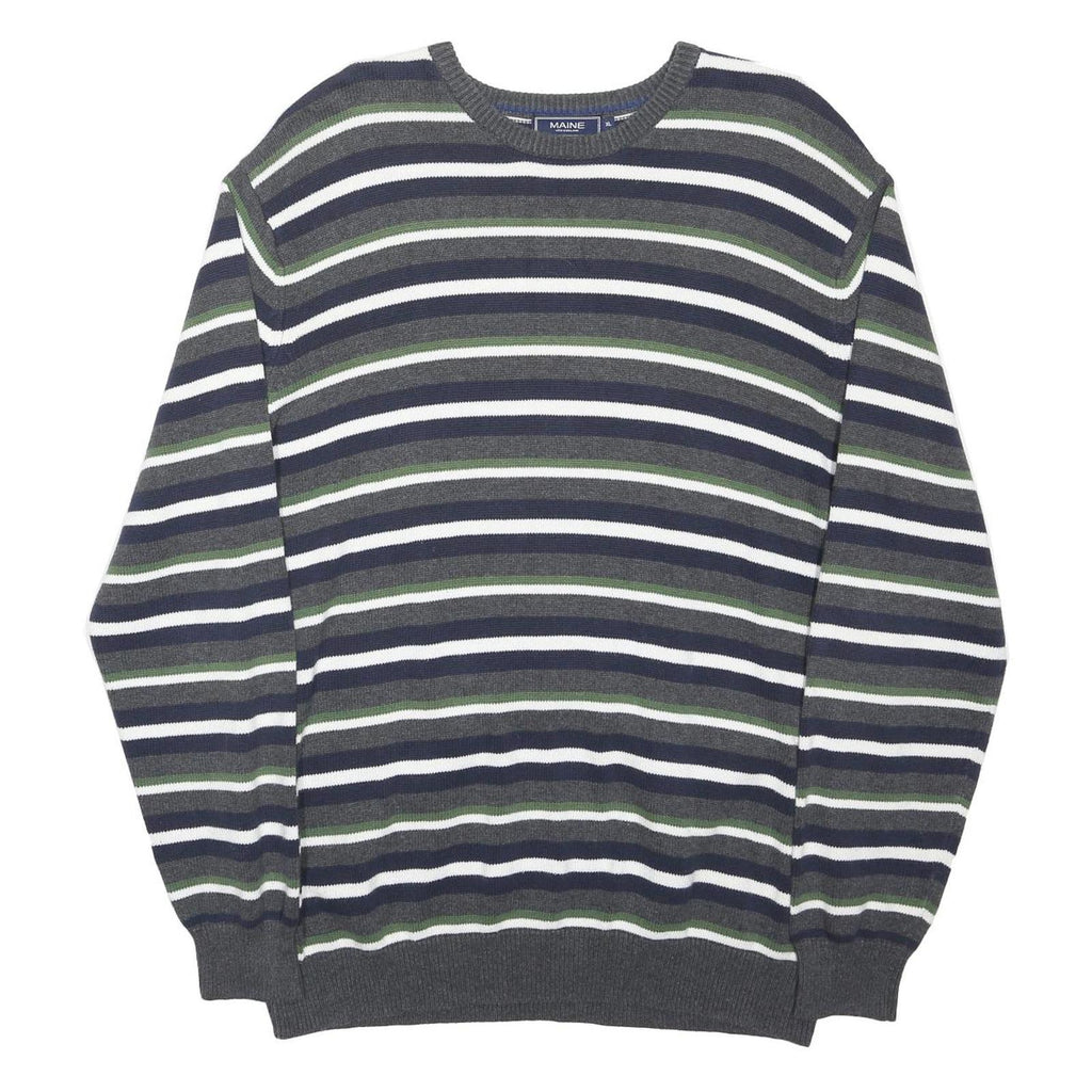 MAINE Womens Grey Green & White Striped Basic Top Long Sleeve Crew Neck XL