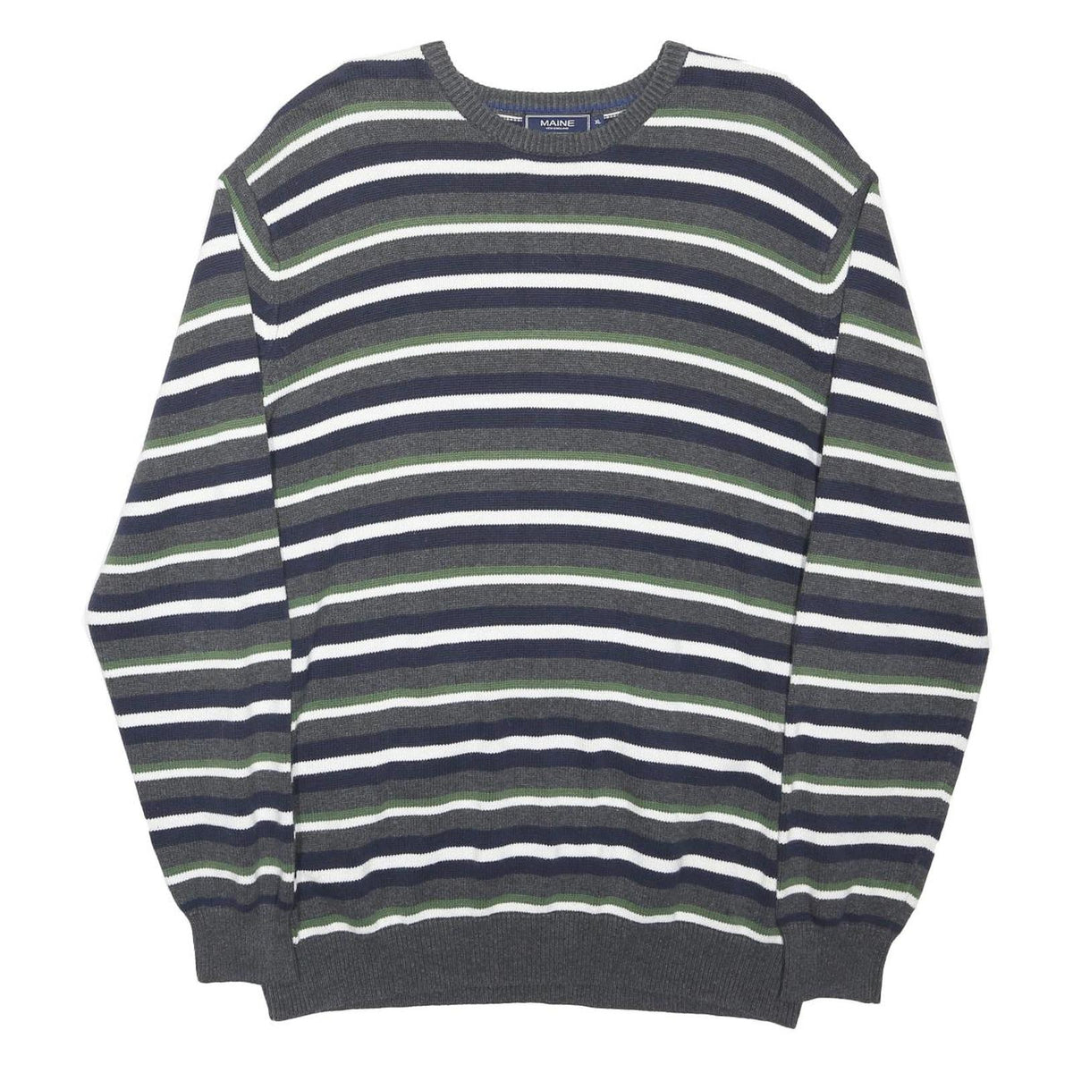 MAINE Womens Grey Green & White Striped Basic Top Long Sleeve Crew Neck XL