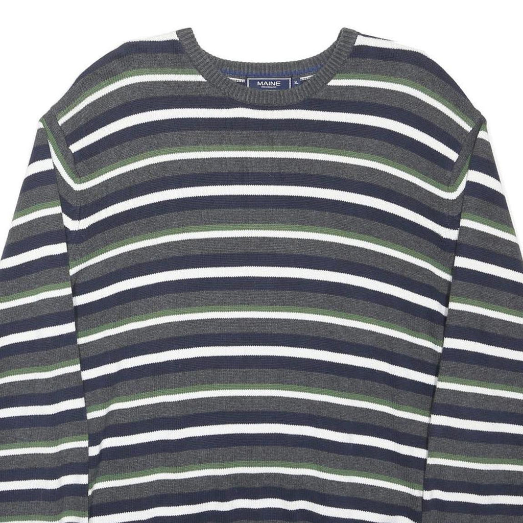 MAINE Womens Grey Green & White Striped Basic Top Long Sleeve Crew Neck XL