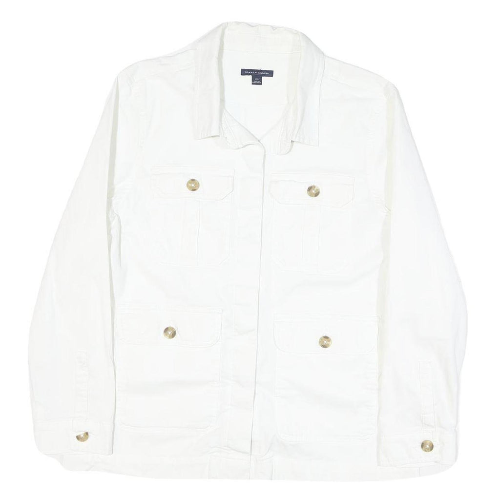 TOMMY HILFIGER Womens White Cotton Blend Button Jacket L Plain Button Pocket
