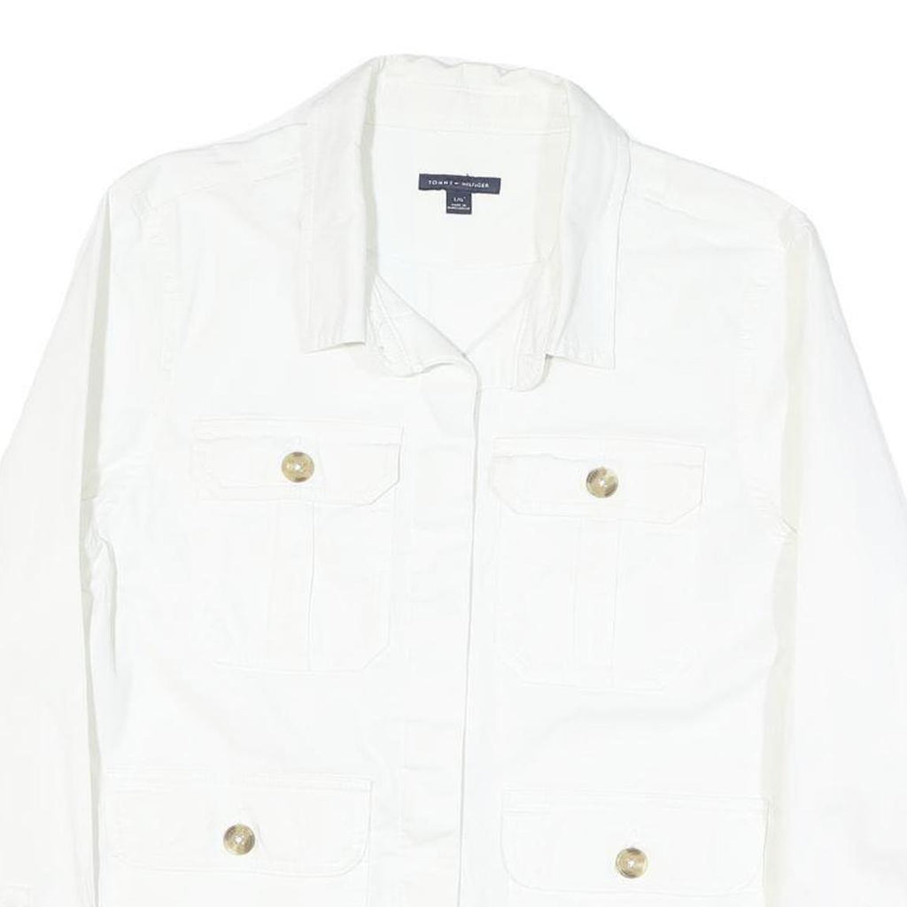 TOMMY HILFIGER Womens White Cotton Blend Button Jacket L Plain Button Pocket