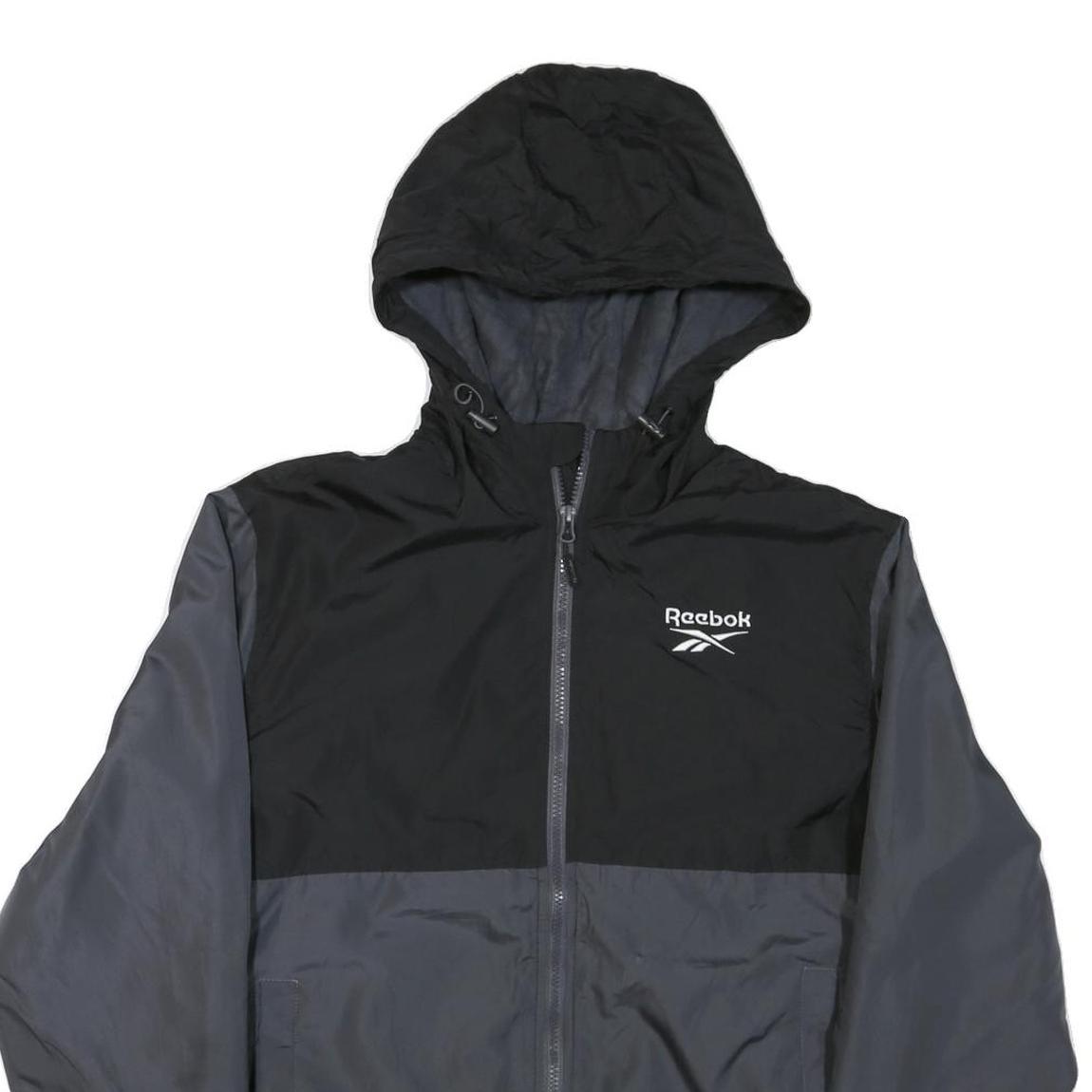 REEBOK Mens Black & Grey Jacket L Polyester Blend Zip Hooded Sportswear