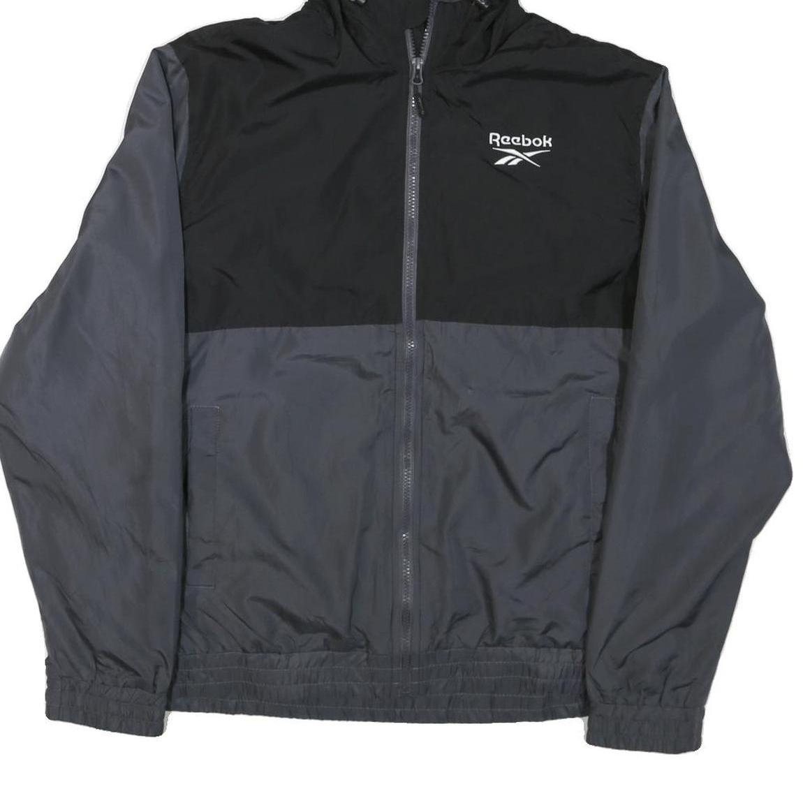 REEBOK Mens Black & Grey Jacket L Polyester Blend Zip Hooded Sportswear