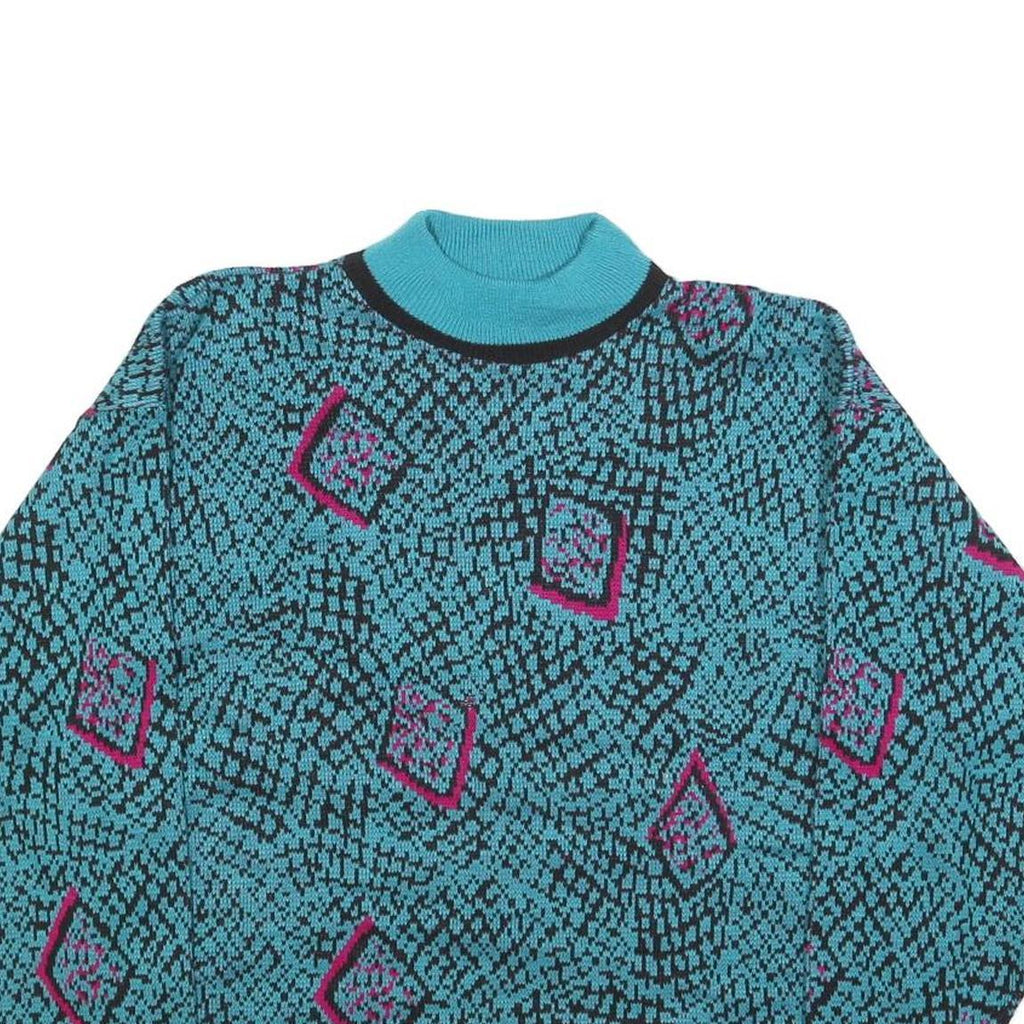 Womens Blue Black & Pink Patterned Plain Roll Neck Chunky Knit Jumper M Retro