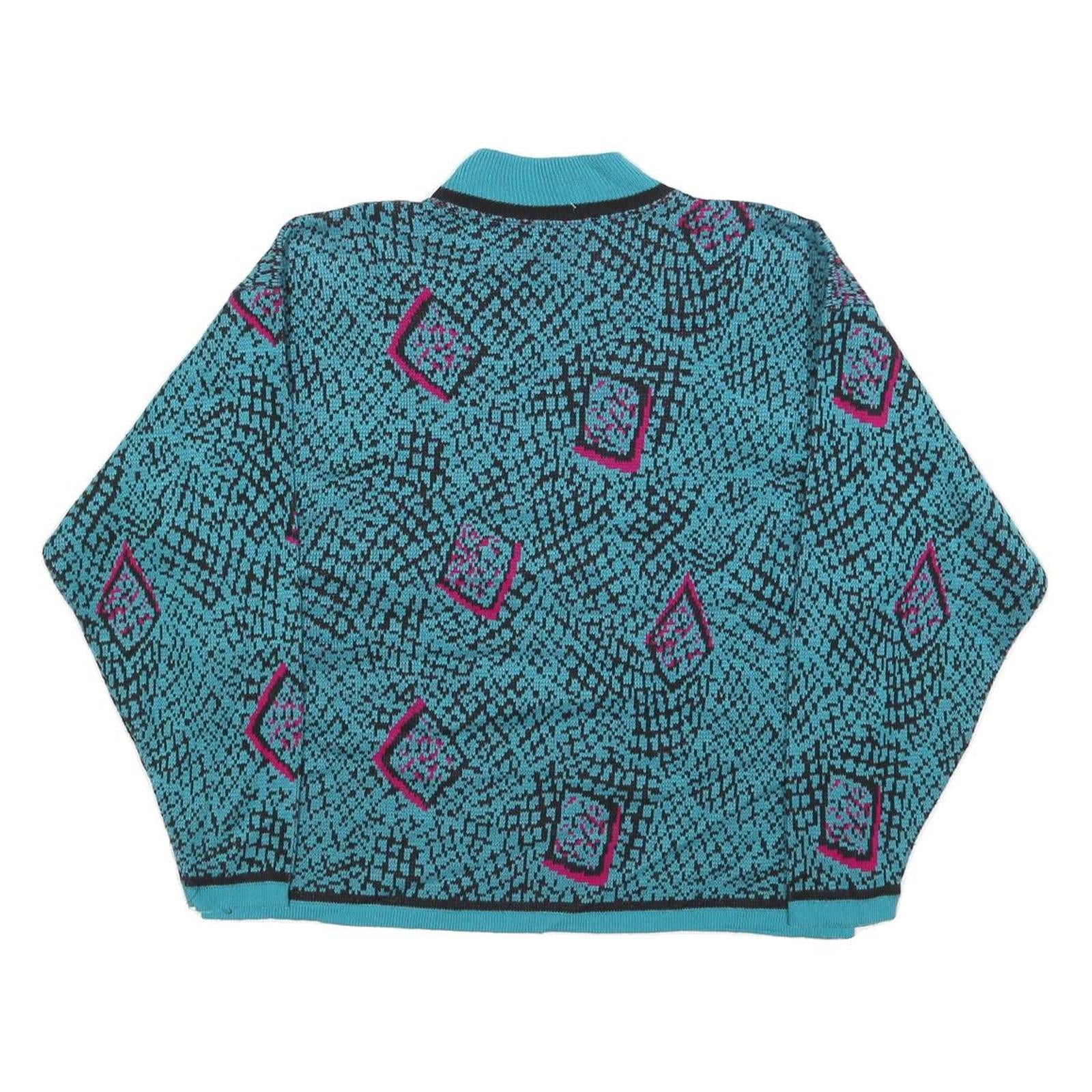 Womens Blue Black & Pink Patterned Plain Roll Neck Chunky Knit Jumper M Retro