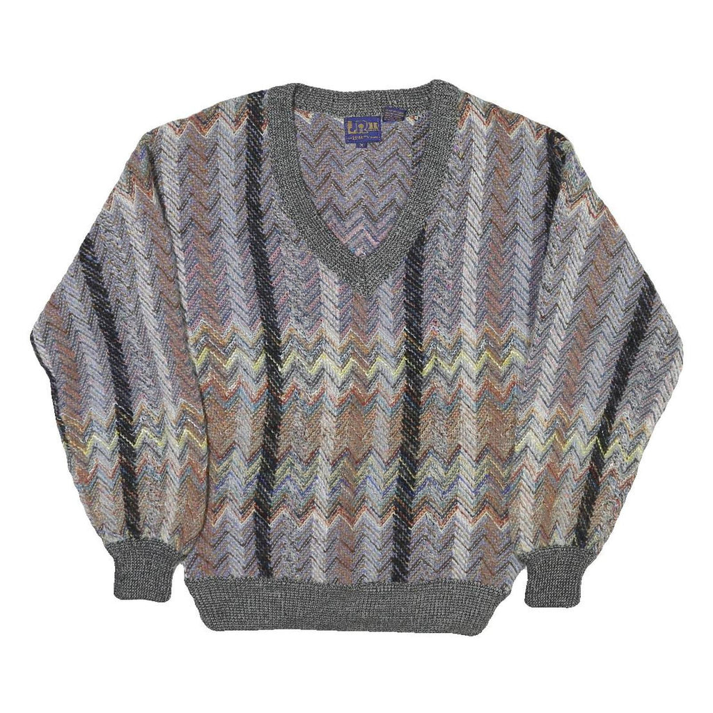 LE REY Womens Grey Patterned V-Neck Chunky Knit Jumper M Cotton Blend