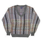 LE REY Womens Grey Patterned V-Neck Chunky Knit Jumper M Cotton Blend