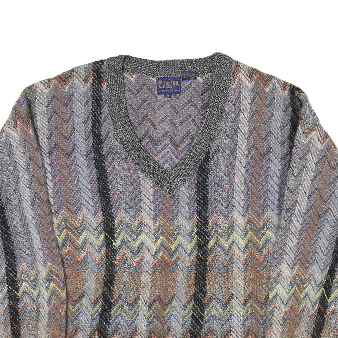 LE REY Womens Grey Patterned V-Neck Chunky Knit Jumper M Cotton Blend