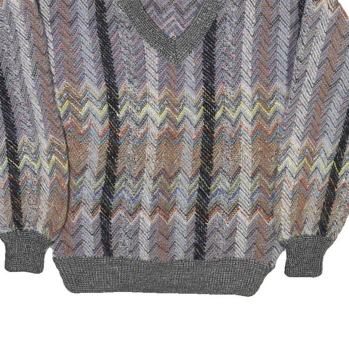 LE REY Womens Grey Patterned V-Neck Chunky Knit Jumper M Cotton Blend