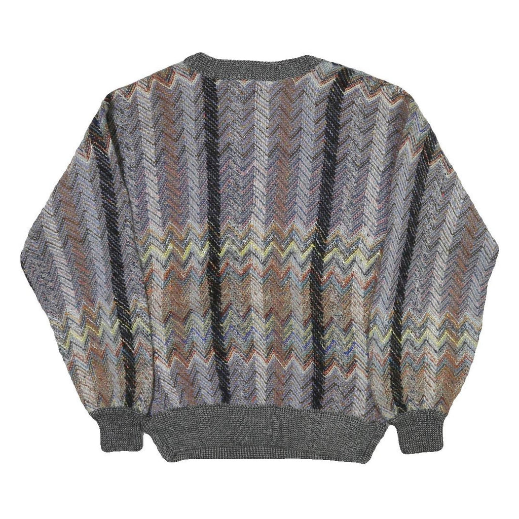 LE REY Womens Grey Patterned V-Neck Chunky Knit Jumper M Cotton Blend