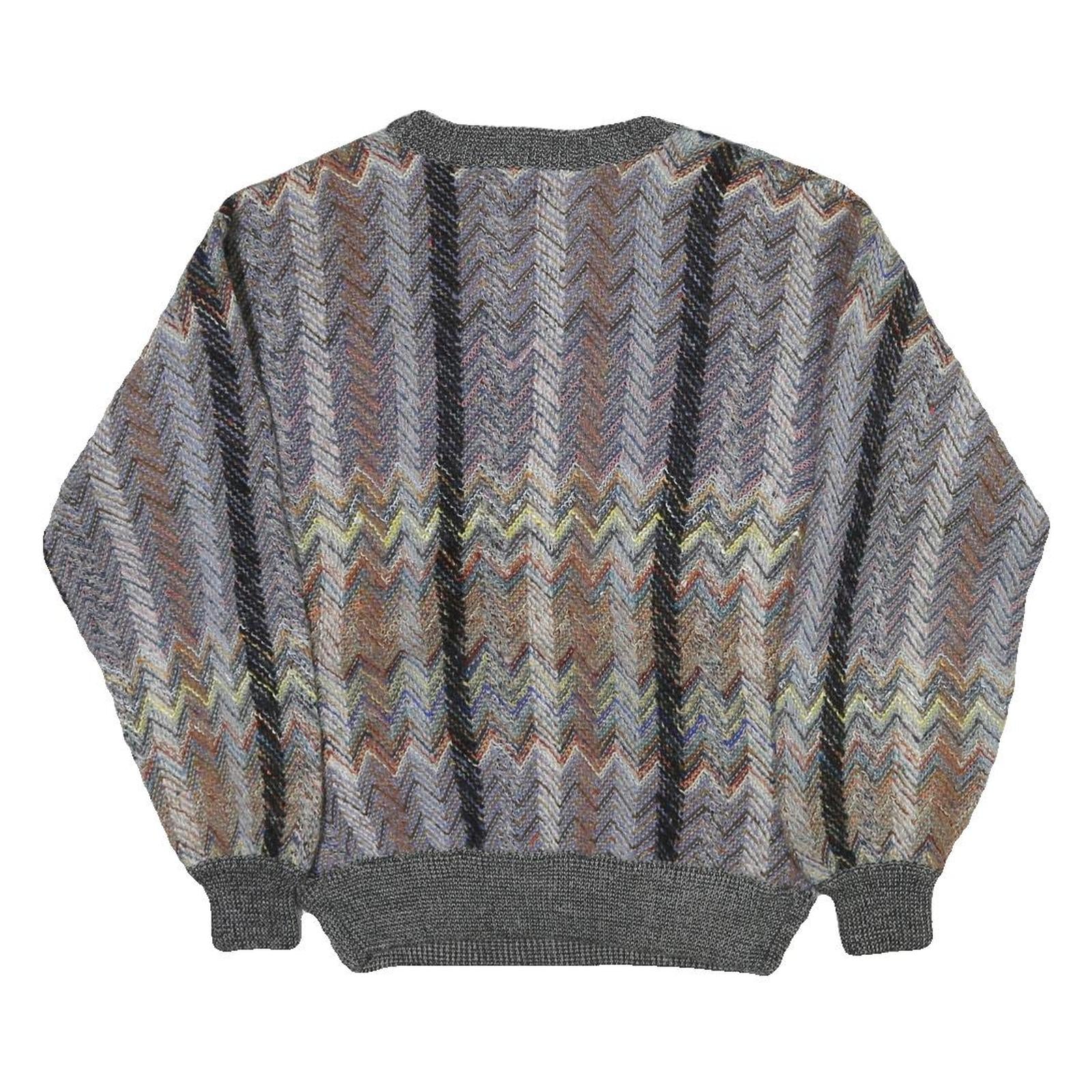 LE REY Womens Grey Patterned V-Neck Chunky Knit Jumper M Cotton Blend