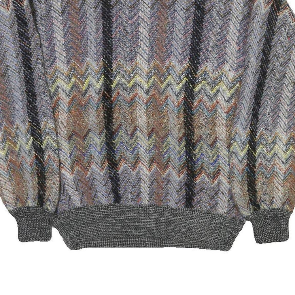 LE REY Womens Grey Patterned V-Neck Chunky Knit Jumper M Cotton Blend