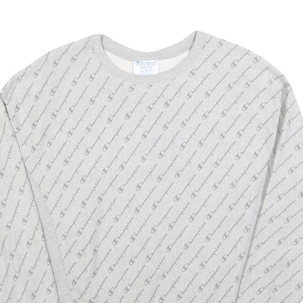 CHAMPION REVERSE WEAVE Mens Grey All Over Logo Crew Neck M Cotton Sweatshirt